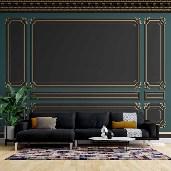 3D Siyah ve Yeşil Panel Altın Motif Görünümlü Duvar Kağıdı Baskı