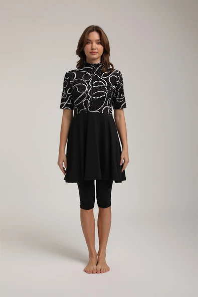 Chelly Kadın Kısa Kollu Dijital Desenli Pileli Yarı Kapalı Tesettür Mayo S 5130