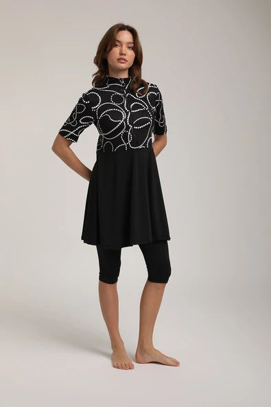 Chelly Kadın Kısa Kollu Dijital Desenli Pileli Yarı Kapalı Tesettür Mayo S 5130 - 4