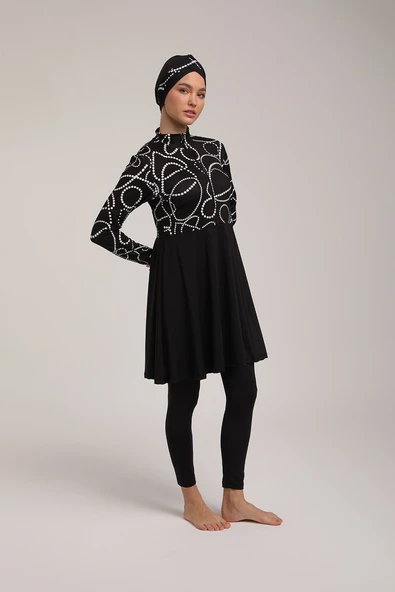 Chelly Kadın Dijital Desenli Pileli Tam Kapalı Tesettür Mayo S 5230 - Resim 7