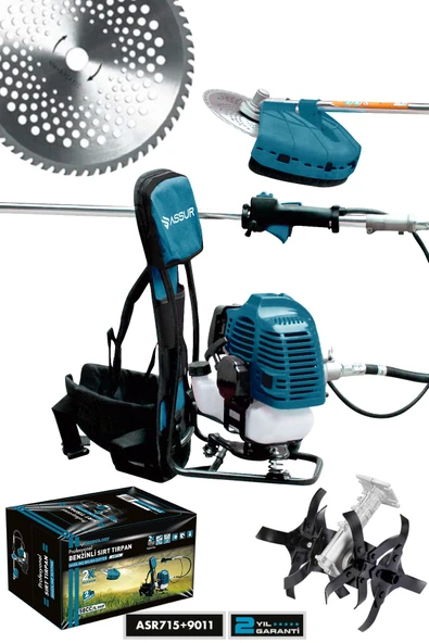 Assur 11000rpm 5.9 Hp Sırt Tipi Benzinli Motorlu Ot Çalı Çim Biçme Tırpanı + Çapalama Aparatı