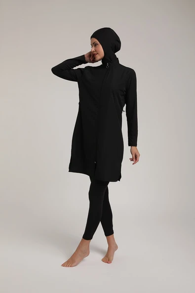 Chelly Kadın Düz Siyah Fermuarlı Tam Kapalı Tesettür Mayo T 5420 - 5