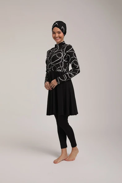 Chelly Kadın Dijital Desenli Pileli Tam Kapalı Tesettür Mayo S 5230 - Resim 3