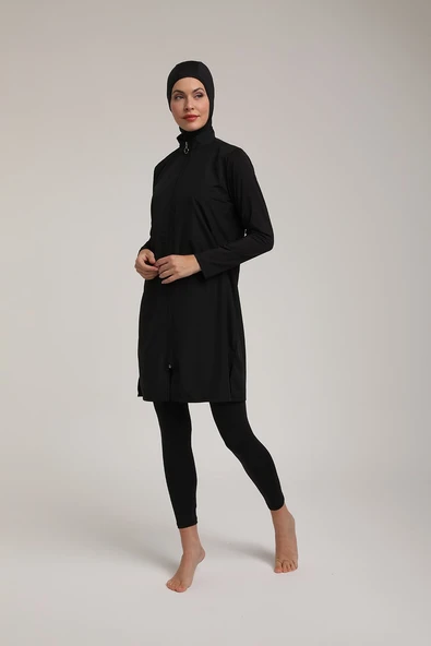 Chelly Kadın Düz Siyah Fermuarlı Tam Kapalı Tesettür Mayo T 5420 - 7