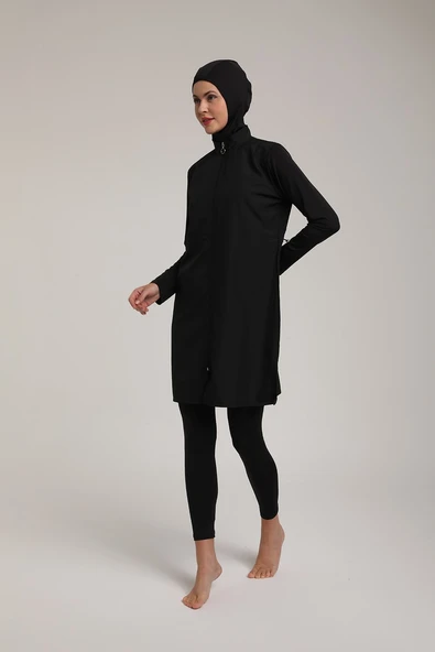 Chelly Kadın Düz Siyah Fermuarlı Tam Kapalı Tesettür Mayo T 5420 - 4