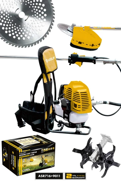 Assur 11000rpm 5.9 Hp Sırt Tipi Benzinli Motorlu Ot Çalı Çim Biçme Tırpanı + Çapalama Aparatı