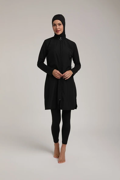 Chelly Kadın Düz Siyah Fermuarlı Tam Kapalı Tesettür Mayo T 5420 - 3