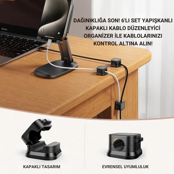 Polham 6 adet Set Yapışkanlı Klips Kapaklı Kablo Düzenleyici Organizer, Ev, Ofis, Kablo Düzenleyici - 2