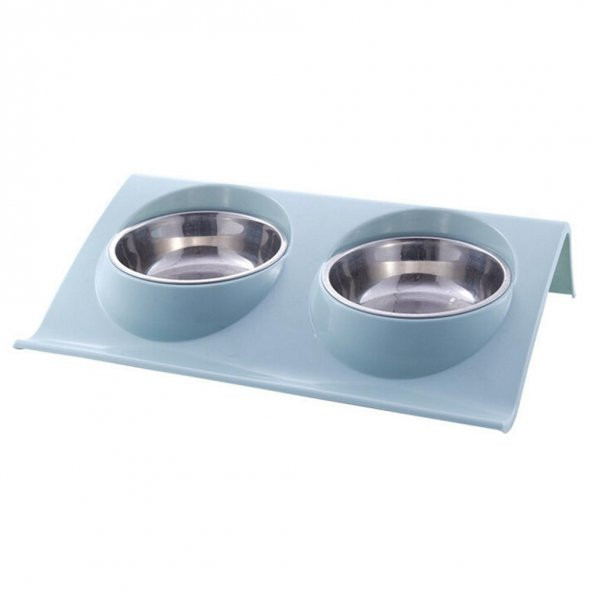 İkili Renkli Mama ve Su Kabı Çelik Kaseli Mavi 37.5x24x7.5 - 2