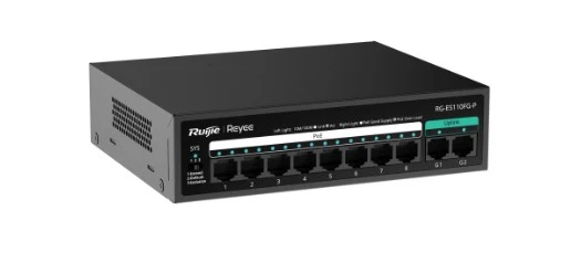 Ruijie Reyee RG-ES110FG-P 2-Portlu Gigabit ile 8-Portlu 10/100 Mbps Yönetilmeyen PoE Switch - 1