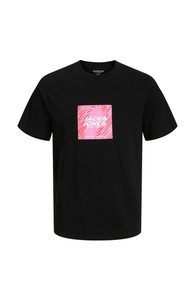JACK JONES Erkek Siyah Ön Baskılı Kısa Kollu Tişört 12276411