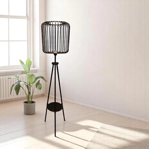 Miral Raflı Siyah Tripod Kafes Lambader - 2