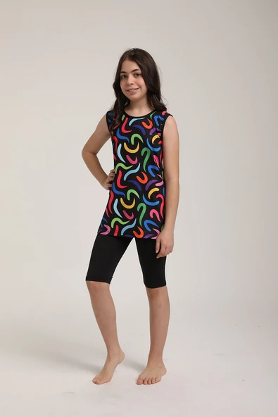 Chelly Kız Çocuk Desenli Kolsuz Taytlı Yarı Kapalı Tesettür Mayo S 5600