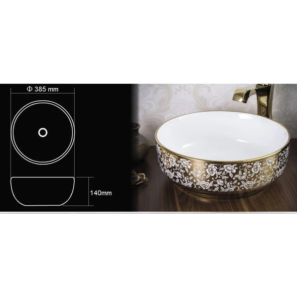 LENA TEZGAH ÜSTÜ ÇANAK LAVABO E-8115 BEYAZ-ALTIN - 2