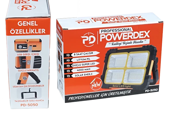 Orpemo Powerdex PD 5050 Solar Şarjlı Projektör 4000 mAh Lityum Pil, Güneş Enerjili El Feneri - Resim 9