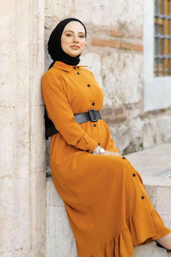 Eteği Fırfırlı Düğme Detaylı Tesettür Elbise - Hardal - 2