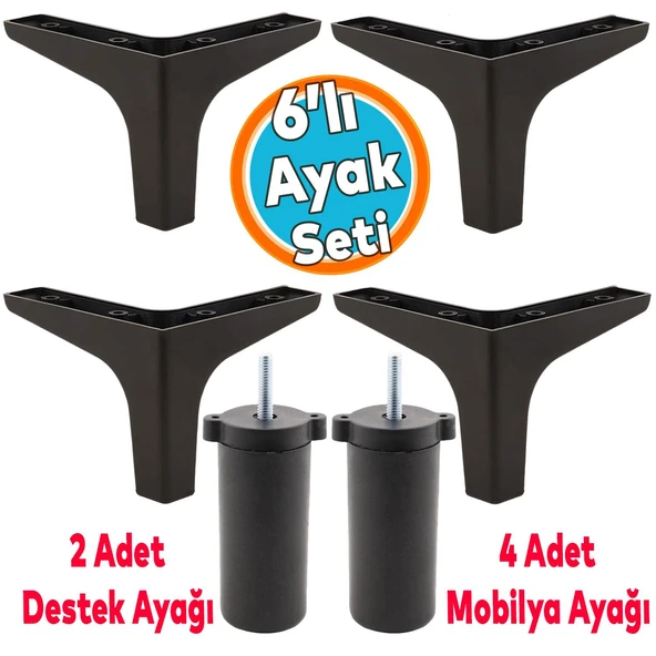 Mobilya Tv Ünitesi Koltuk Kanepe Destek Ayağı 12 Cm Siyah Baza Ayakları M8 Destek 6'lı Set