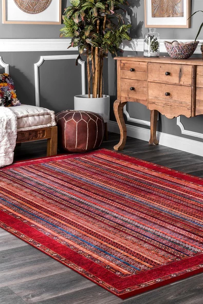 Frenda Home Şal Desen Pamuk Taban Yıkanabilir Halı  KIRMIZI 100X200
