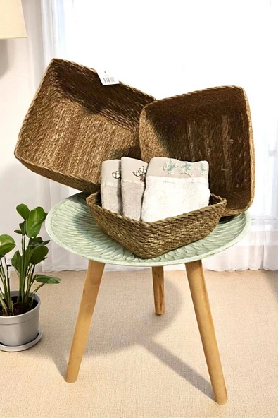 Tilbe Home 3 Boy Naturel Hasır Sepet Organizer Banyo Mutfak Ev Dekoru Doğal Örme Dekoratif Sepet - 2