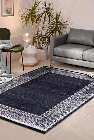 Çerçeve Desenli Pamuk Taban Dijital Baskılı Halı  GRİ 160X230