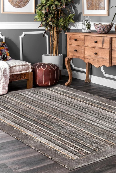 Frenda Home Şal Desen Pamuk Taban Yıkanabilir Halı  GRİ 100X300 - 2