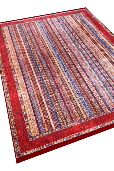 Frenda Home Şal Desen Pamuk Taban Yıkanabilir Halı  KIRMIZI 100X200 - 5