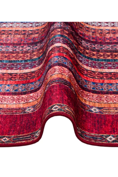 Frenda Home Şal Desen Pamuk Taban Yıkanabilir Halı  KIRMIZI 100X200 - 4