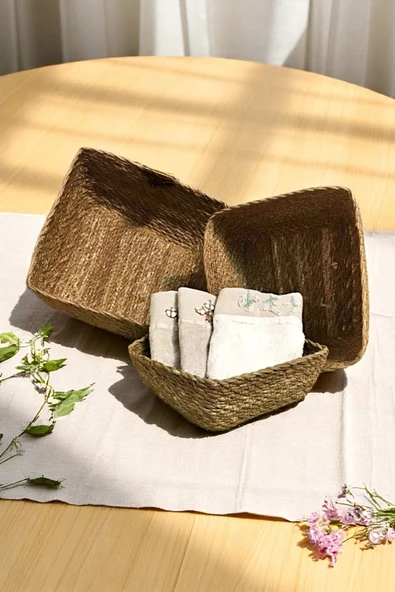 Tilbe Home 3 Boy Naturel Hasır Sepet Organizer Banyo Mutfak Ev Dekoru Doğal Örme Dekoratif Sepet