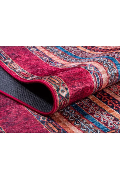 Frenda Home Şal Desen Pamuk Taban Yıkanabilir Halı  KIRMIZI 100X200 - 3