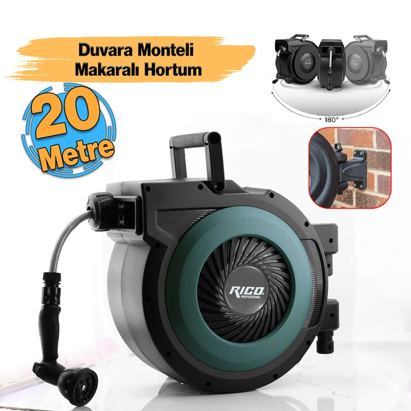 Duvara Monteli 180° Döner Makaralı Hortum Seti Bahçe Su Hortumu 1/2 Sulama Araç Yıkama 20 Metre Rico