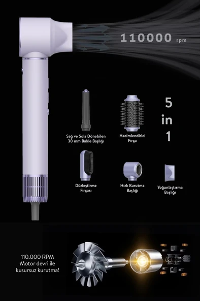 Sinbo Pro Airwrap Compact Uzun Multi-Styler Hava Üfleme 5in1 Saç Şekillendirici Lila - 3