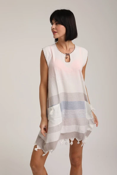 Life For Moda Kadın Cepli Çizgili Desenli Pareo Okaliptus Plaj Elbisesi P 70 - 7