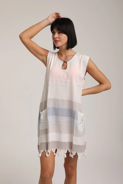 Life For Moda Kadın Cepli Çizgili Desenli Pareo Okaliptus Plaj Elbisesi P 70 - 6