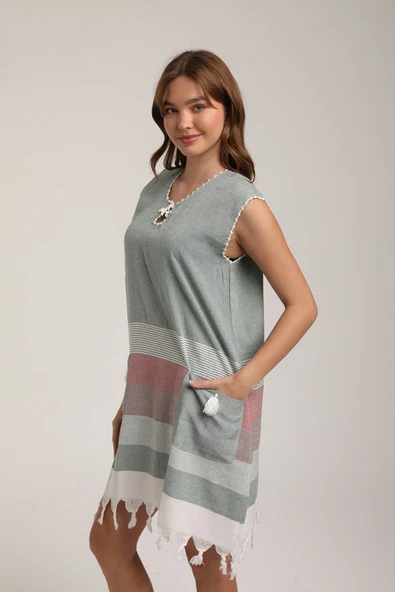 Life For Moda Kadın Cepli Çizgili Desenli Pareo Okaliptus Plaj Elbisesi P 70 - 4