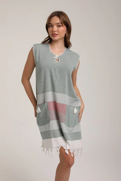 Life For Moda Kadın Cepli Çizgili Desenli Pareo Okaliptus Plaj Elbisesi P 70 - 2