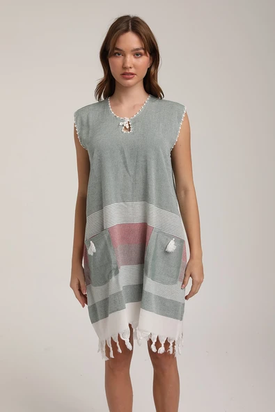 Life For Moda Kadın Cepli Çizgili Desenli Pareo Okaliptus Plaj Elbisesi P 70