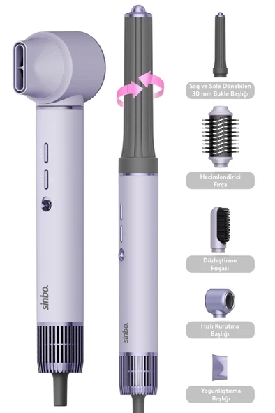 Sinbo Pro Airwrap Compact Uzun Multi-Styler Hava Üfleme 5in1 Saç Şekillendirici Lila