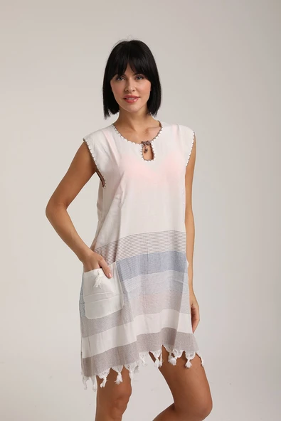 Life For Moda Kadın Cepli Çizgili Desenli Pareo Okaliptus Plaj Elbisesi P 70 - 8