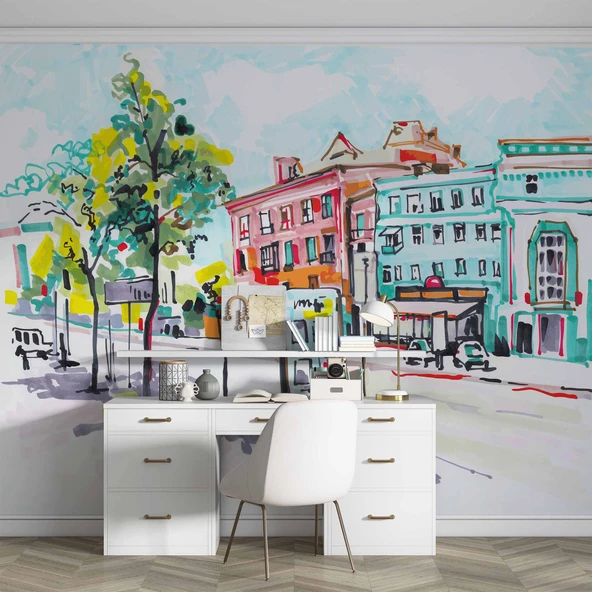 Sulu Boya Sokak Çizim Manzaralı Duvar Kağıdı Baskı - Resim 4