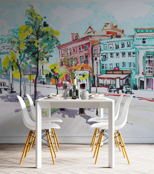 Sulu Boya Sokak Çizim Manzaralı Duvar Kağıdı Baskı - Resim 5