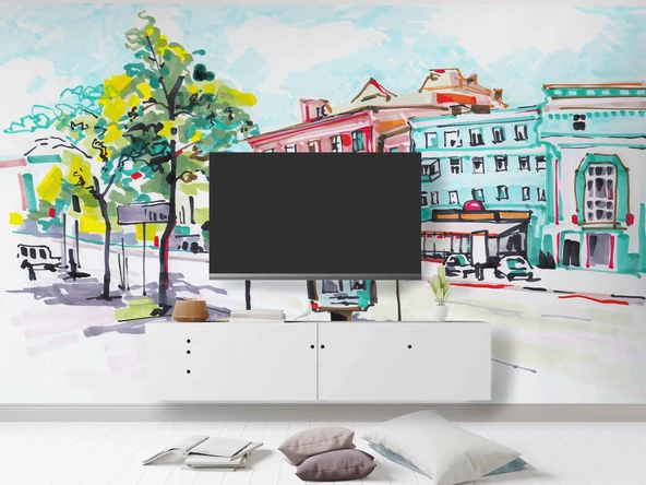 Sulu Boya Sokak Çizim Manzaralı Duvar Kağıdı Baskı - Resim 3