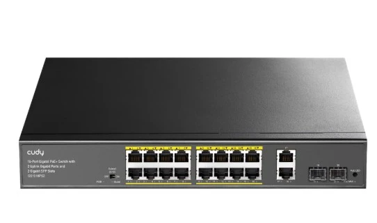 Cudy GS1018PS2 16 Port 10/100/1000 Yönetilemez +2 Port Gb. 2 SFP (1GB) Rack mount (16 Port Poe+) 200W Switch