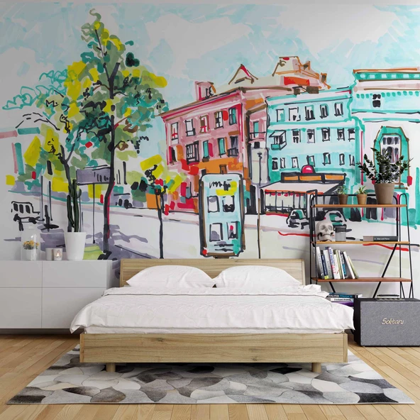 Sulu Boya Sokak Çizim Manzaralı Duvar Kağıdı Baskı - Resim 2
