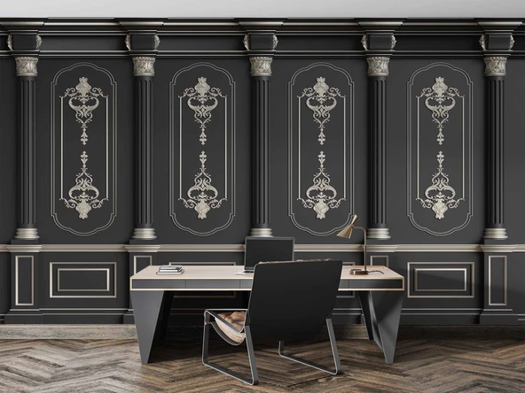 3D Siyah Panel ve Sutün Gümüş Motif Duvar Kağıdı Baskı - 3