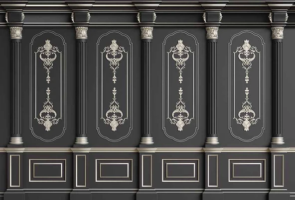 3D Siyah Panel ve Sutün Gümüş Motif Duvar Kağıdı Baskı - 7