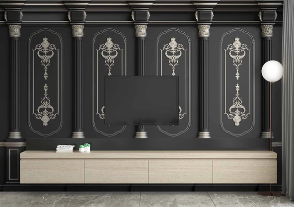 3D Siyah Panel ve Sutün Gümüş Motif Duvar Kağıdı Baskı - 6