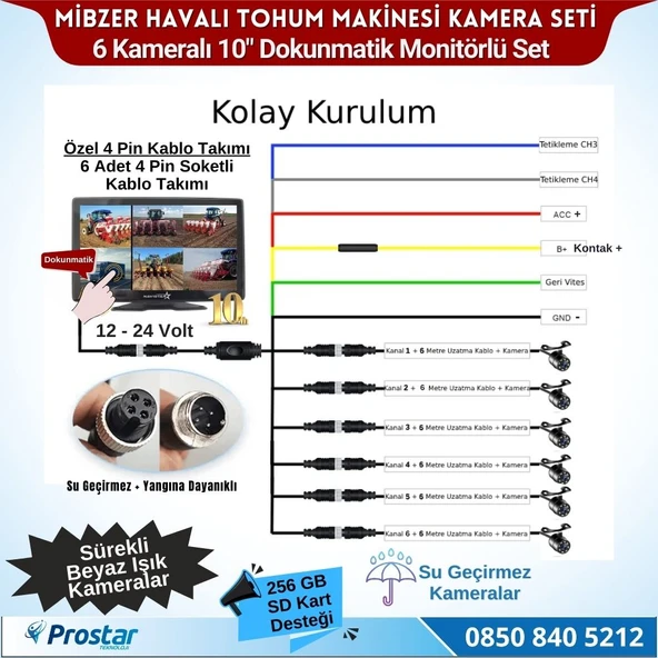 Mibzer için 6 Kameralı 10 inç Dokunmatik Monitör Altıya Bölen Kayıtlı 256 Gb Sd Kart Destekli - 4