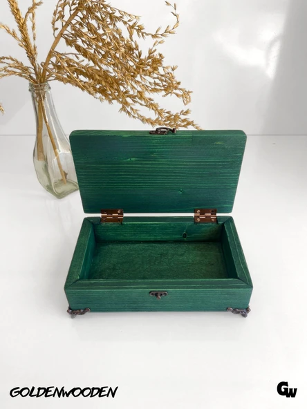 Doğal Ahşap Takı Kutusu Ahşap Saklama Kutusu(YEŞİL)(BEYAZ ÇAM)(BOY:20CM EN:12CM Yük:6,5cm) Yeşil BOY:20cm EN:12cm YÜK:6.5cm - 3