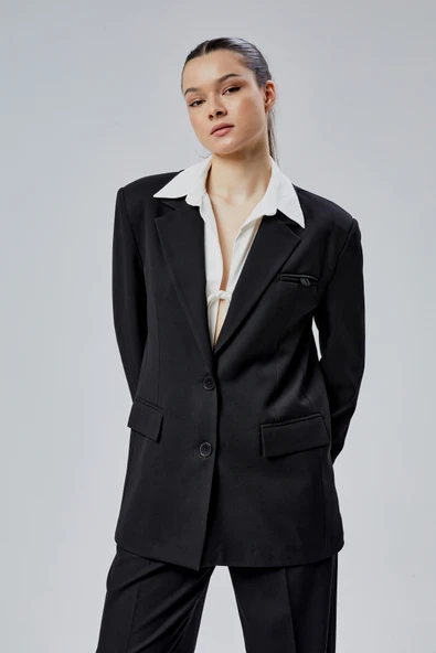 Siyah Gömlek Detaylı Regular Blazer Ceket - 4