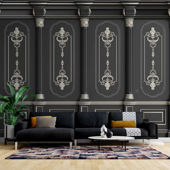 3D Siyah Panel ve Sutün Gümüş Motif Duvar Kağıdı Baskı